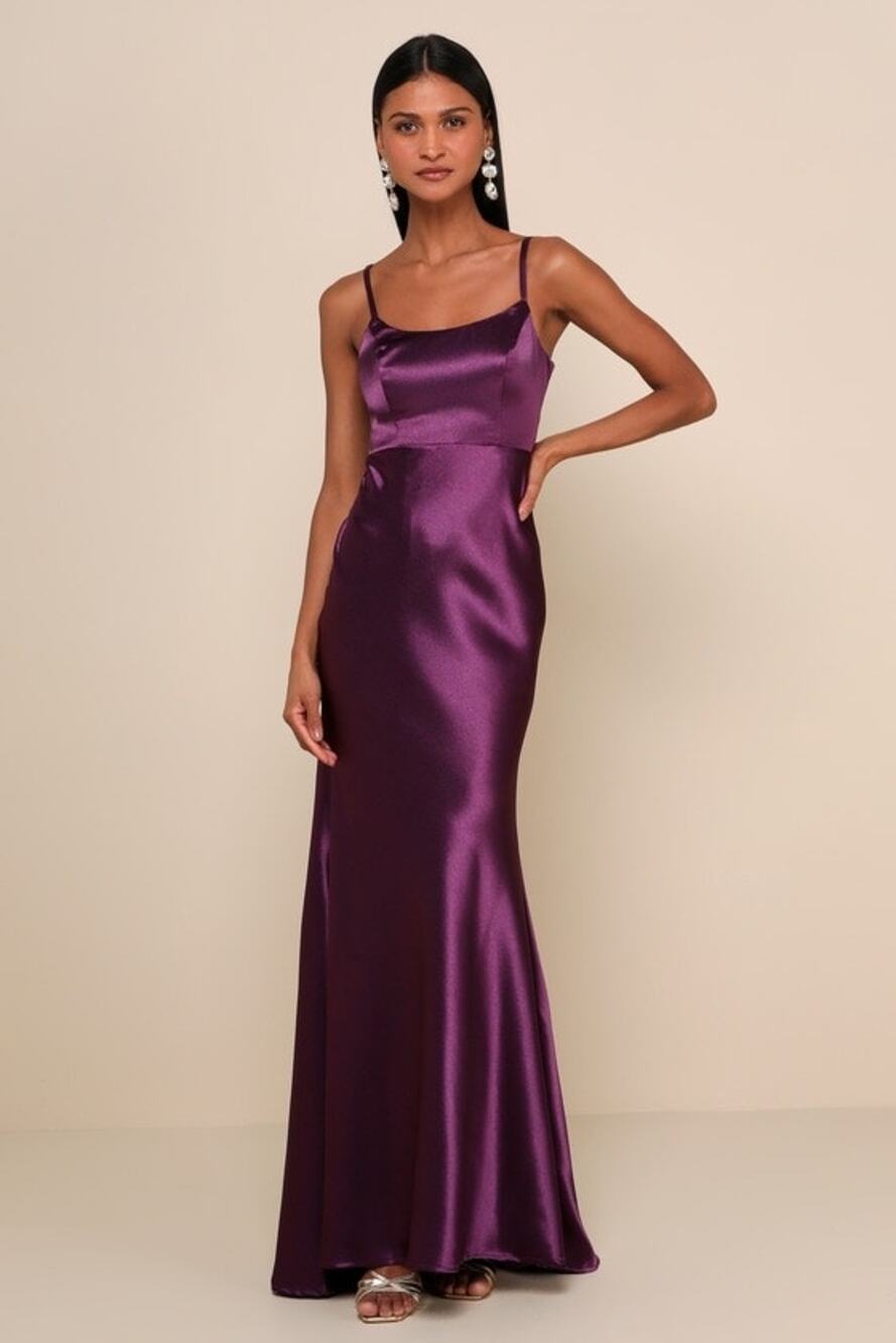 NWT Lulus Make You Shine Dark Purple Satin Mermaid Maxi Dress Holiday Gala Sz XS